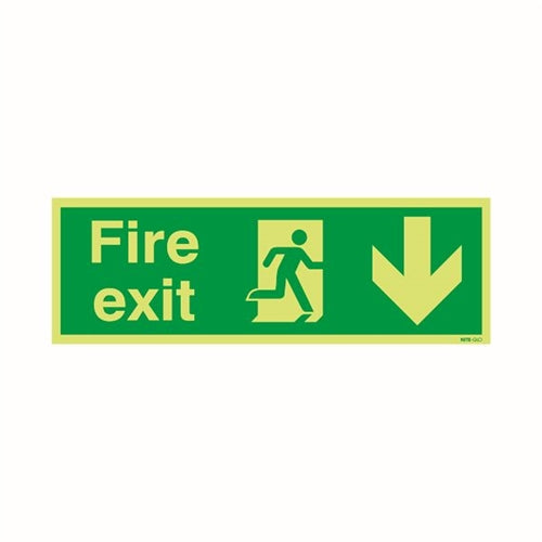 Safety Sign Niteglo Fire Exit Running Man Arrow Down 150x450mm PVC