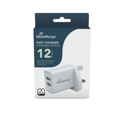 MediaRange Fast Charging Adapter 2x USB-A 12W UK Plug White