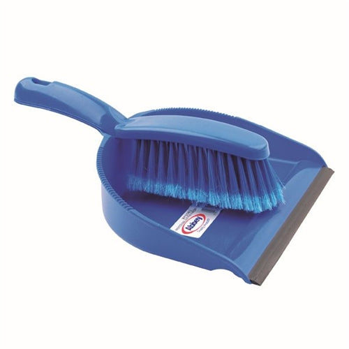 Dustpan and Brush Set Blue (Rubber lipped edge and soft bristled handle)