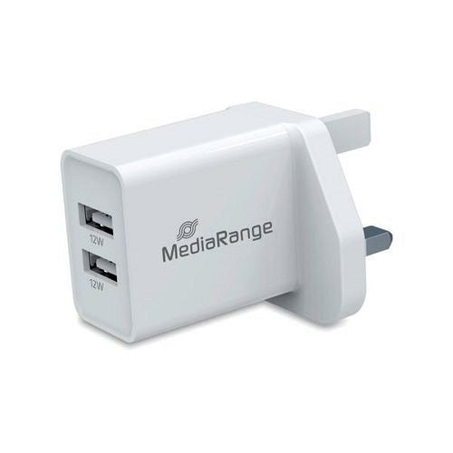 MediaRange Fast Charging Adapter 2x USB-A 12W UK Plug White