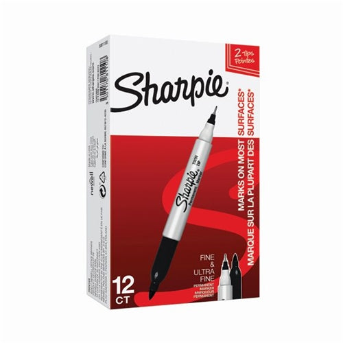 Sharpie Permanent Marker Twin Tip FineUltra Fine Black (Pack of 12)