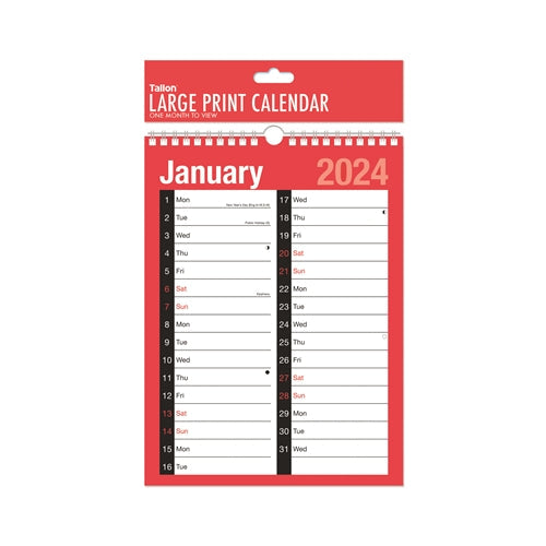 2024 Calendar Month To View Large Print 2 Column RedBlack A4 (Pack of 12)