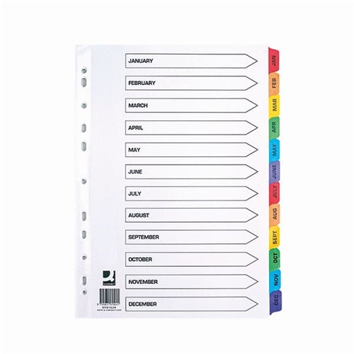 Q-Connect Multi-Punched January-December Reinforced Multi-Colour A4 Index Pre-Printed Tabs