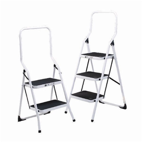 Folding Step Stool 2 Tread High Back White Aluminium