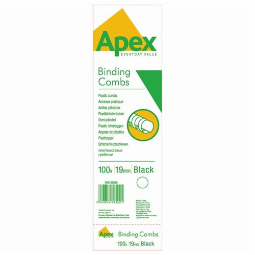 Fellowes Apex Plastic Binding Combs 19mm Black (Pack of 100)