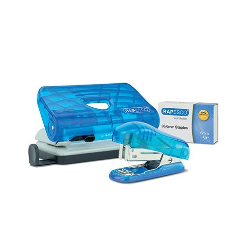 Rapesco 2 Hole Punch Mini Stapler and 266mm Staples Set Transparent Blue