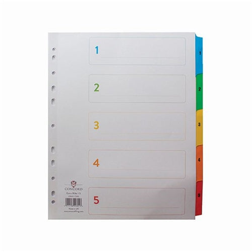 Concord Index 1-5 A4 Extra Wide Multicoloured Mylar Tabs