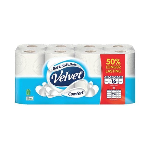 Velvet Comfort 2-Ply Toilet Rolls Longer Rolls (Pack of 16)